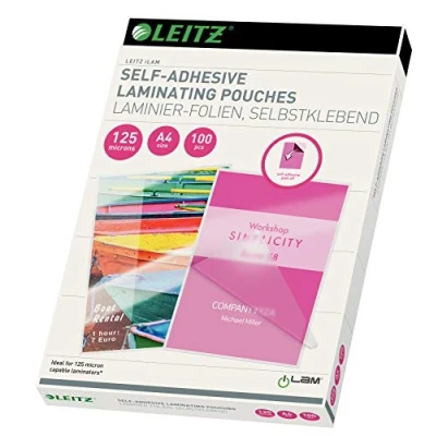 Obrázek Leitz Samolepicí tepelně laminovací fólie A4 125 mic, pro štítky a rozcestníky, vysoce kvalitní v balení po 100 kusech, lesklé, průhledné, 16925