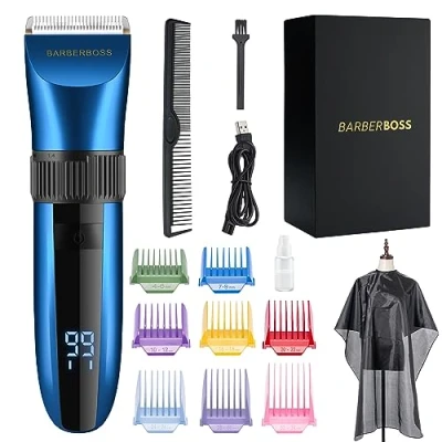 Obrázek BarberBoss Bezdrátový samoostřící zastřihovač vousů a vlasů, vodotěsný, s keramickými čepelemi, LED displej, rychlé nabíjení 8 barevných hřebenových nástavců QR 2082