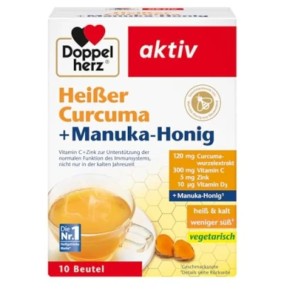 Obrázek Doppelherz Horká kurkuma a med z manky vitamin C zinek na podporu normální funkce imunitního systému teplé studené 10 sáčků