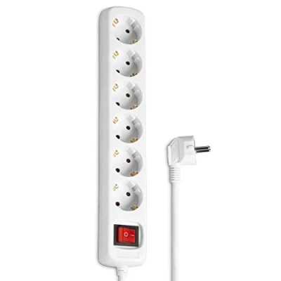 Obrázek Hama Zásuvková lišta 6násobná (vícenásobná zásuvka se spínačem Save Energy pro úsporu energie, zasunovací místa otočná o 45 stupňů, kabel 5 m, testováno GS, vícenásobný konektor Home Office) bílá