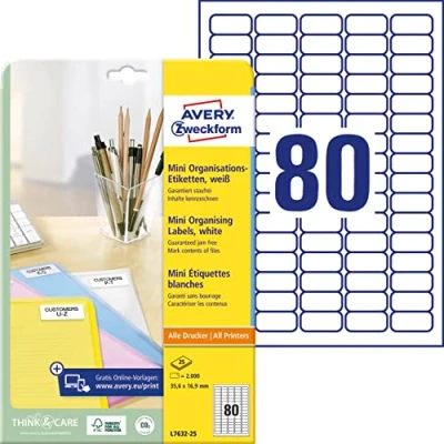 Obrázek Avery Zweckform L7632 25 Mini pro Organisations páska (2 000 ks, 35,6 X 16,9 mm) Folio Bílá