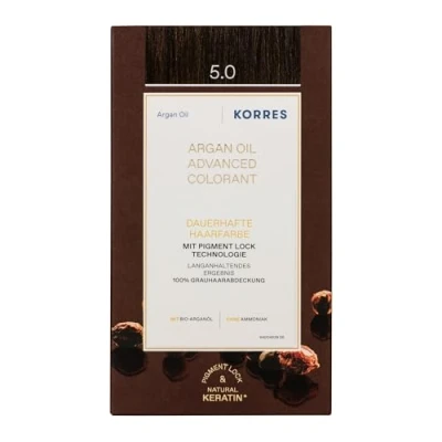 Obrázek KORRES Argan Oil Colorant barva na vlasy bez amoniaku světle hnědá 5. 0 100% zakrytí šedých vlasů a veganská pro dlouhotrvající barevný výsledek