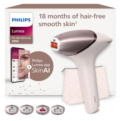 Obrázek Philips Lumea Series 9900, přístroj na odstraňování chloupků IPL, technologie SenseIQ a SkinAI, 4 nástavce tělo, obličej, oblast bikin podpaží, kabelové bezdrátové, model BRI951/00 růžový