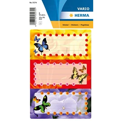 Obrázek HERMA 5574 knižní štítky k popsání motýli, 6 kusů, 76 x 35 mm, samolepicí, linkované, nálepky pro školu, děti, dívky, chlapci, vícebarevné na sešity, barevné