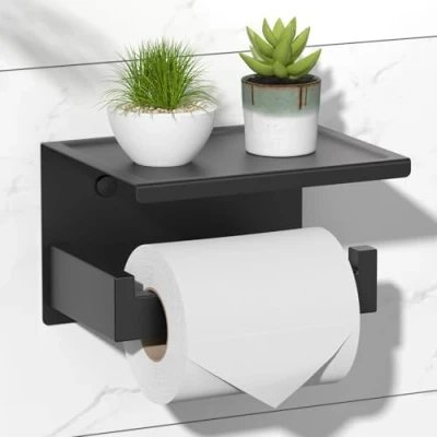 Obrázek HITSLAM Toilettenpapierhalter Ohne Bohren, Selbstklebend Klopapierhalter mit Ablage, Edelstahl Klorollenhalter Wandmontage, Wc Papier Halterung Rollenhalter Kleber für Badzimmer Schwarz