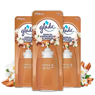 Obrázek Glade (Brise) Náhradní náplň Sense &amp; Spray (pro zařízení osvěžovač vzduchu), Sensual Sandalwood jasmín, balení 3 ks (3 x 18 ml)