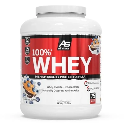 Obrázek All Stars 100% WHEY PROTEIN 2270 g I proteinový prášek s kořeněným koncentrátem a izolátem lahodný nízkým obsahem tuku kvalitní krémový koktejl borůvkovou