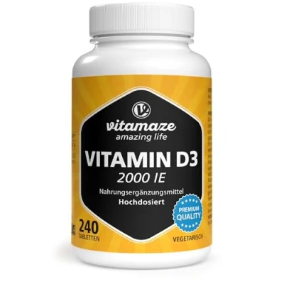 Obrázek Vysoká dávka vitaminu D3 2000 IE, zásoba na více než 1 rok, 50 mcg čistého cholekalciferolu 2denní dávku, sluneční vitamín pro kosti a imunitní systém, vyrobeno v Německu