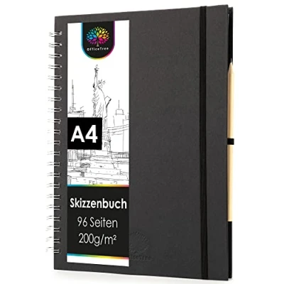 Obrázek OfficeTree skicák A4 spirálová vazba formát na výšku 96 stran 48 listů Sketchbook 200 g bílý prázdný papír akvarel včetně tužky
