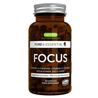 Obrázek Focus posilovač mozku s kofeinem, L theaninem, taurinem, tyrosinem a vitamíny B, zinek měď, vylepšená kognitivní funkce duševní výkonnost, 60 kapslí, od Igennus