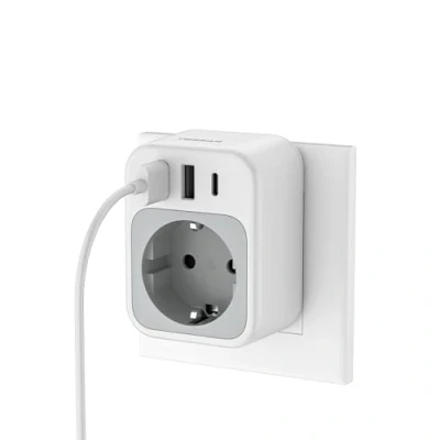 Obrázek TESSAN Zásuvka s USB C 15 W, adaptér se 3 USB, vícenásobný konektor pro zásuvku 3600 zástrčka Schuko kompatibilní telefony a domácími spotřebiči, šedá