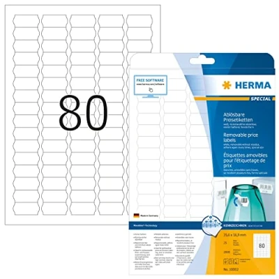 Obrázek HERMA 10002 odlepitelných cenových štítků, 25 listů, 35,6 x 16,9 mm, 80 na arch A4, 2000 kusů, samolepicí, potisknutelné, matné, prázdné papírové cenovky etikety nálepky, bílé