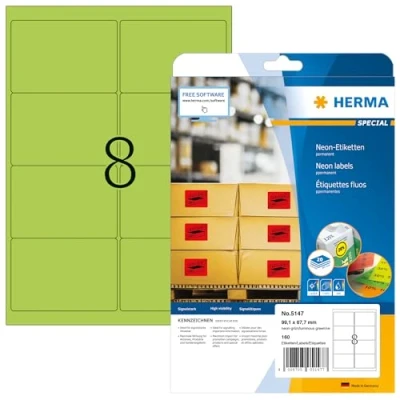 Obrázek HERMA 5147 barevné etikety neonově zelené, 20 listů, 99,1 x 67,7 mm, 8 na arch A4, 160 kusů, samolepicí, potisknutelné, matné, prázdné papírové neonové etikety, nálepky