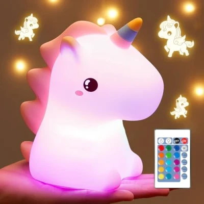Obrázek One Fire noční světlo dětský jednorožec dárky pro dívky, 16 barev 5 jasu dětská lampa pokoj, 1200 mAh Unicorn baterie dekorace