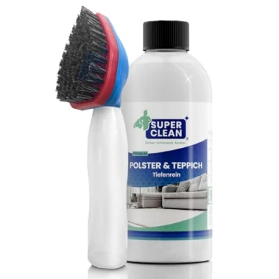 Obrázek SUPER CLEAN polstrování a koberec hloubkově čistý. Čistič koncentrát pro všechny druhy čalounění, kobercových podlah, autosedaček, pohovek nebo gaučů Obsah: 500 ml + šampon kartáč