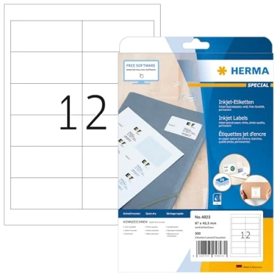 Obrázek HERMA 4823 adresní štítky pro inkoustové tiskárny, 25 listů, 97 x 42,3 mm, 12 na arch A4, 300 kusů, samolepicí, potištěné, matné, prázdné nálepky etikety bílé