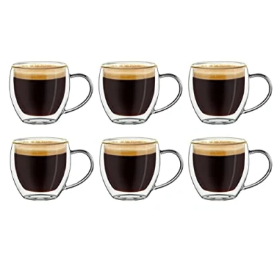 Obrázek Creano dvoustěnné sklenice na espresso s uchem, 6dílná sada 100 ml, moka konvičky, termosklenice plovoucím efektem