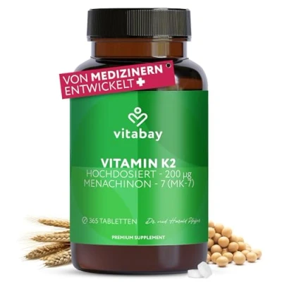 Obrázek Vitabay Vitamín K2 vysoké dávky 200 µg (mcg) 365 vitaminu tablety Veganské a laboratorně testované MK 7 (menachinon 7) z přírodních přísad ve formě All Trans vysoká biologická dostupnost