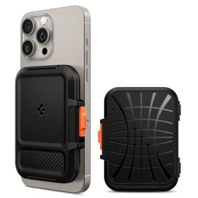 Obrázek Spigen Lock Fit MagFit magnetický držák na karty vyvinut pro Magsafe s uzavíracím systémem kompatibilní iPhone 16/15/14/13/12 Modely Wallet černý