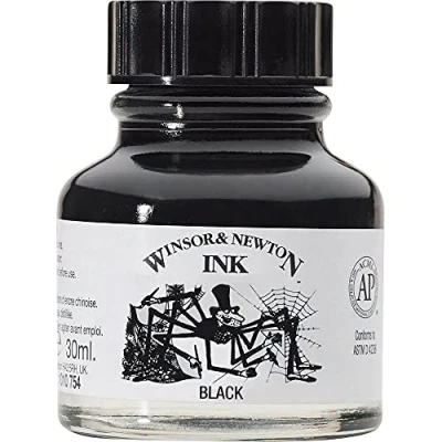 Obrázek Winsor &amp; Newton 1010030 Drawing Inks kreslicí tuš pro kaligrafie, ilustrátory, grafiky, umělce voděodolné barvy, vynikající průhlednost, láhev 30 ml černá (indická)