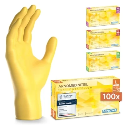 Obrázek ARNOMED jednorázové rukavice žluté 100 ks/box, nitrilové L, rukavice, bez pudru, gumové latexu, k dispozici ve XS, S, M &amp; L