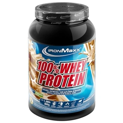 Obrázek IronMaxx 100% syrovátkový proteinový prášek plechovka s lískovým oříškem 900 g ve vodě rozpustný ze syrovátkového proteinu mnoho různých příchutí