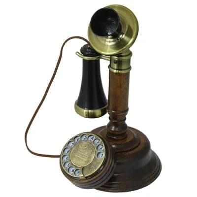 Obrázek Opis 1921 Cable model C Retro telefon ze dřeva, černý plast potažen mosazem s pravým, rotujícím voličkou a kovovým zvonkem