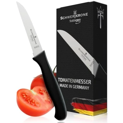 Obrázek Schwertkrone® nůž na loupání rajčat [MADE IN SOLINGEN GERMANY] zeleninu ovoce kuchyňský malý ostrý řezací nůž, pilku univerzální (ozubená čepel: 7,5 cm)