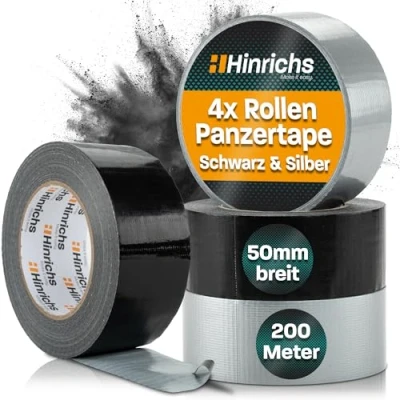 Obrázek Hinrichs pancéřová páska stříbrná/černá 4 role 50 m x mm textilní extra silná lepicí vodotěsná široká černá/šedá Duct Tape pro vnitřní a