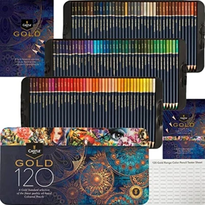 Obrázek Castle Art Supplies Sada 120 pastelek (zlatý standard) vysoce kvalitní barevná jádra na bázi oleje, ořezávátko a odolnější proti zlomení pro zkušené umělce, barevné umělce prezentační krabička z