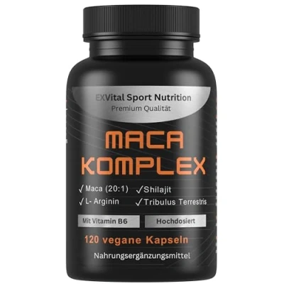 Obrázek EXVital® Komplex Maca ve vysokých dávkách 20:1 extrakt s Tribulus terrestris, Shilajit, L arginin a vitamín B6, Aktiv Booster, 120 veganských kapslí, laboratorně testováno
