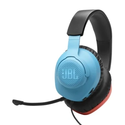 Obrázek JBL Quantum 100N, kabelový herní headset přes uši s odnímatelným mikrofonem, QuantumSOUND Signature, Memory Foam, kompatibilita více platformami a Windows Sonic Spatial Sound, modrá/červená