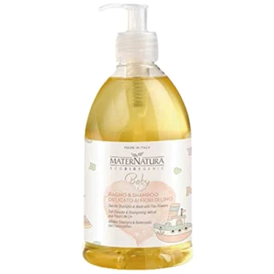 Obrázek Maternatura, Jemná dětská koupel &amp; šampon s lněnými květy, sprchový gel a pro děti miminka, Made in Italy 500 ml
