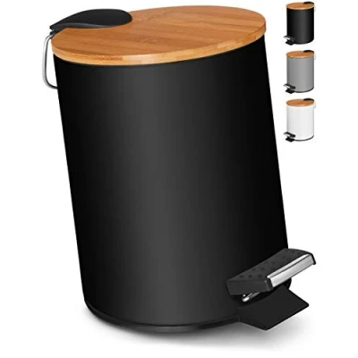 Obrázek 3l kosmetický koš v ušlechtilém černém designu šlapací s automatickým sklápěním (Soft Close) elegantní kbelík do koupelny vnitřní nádobou a bambusovým dřevěným víkem