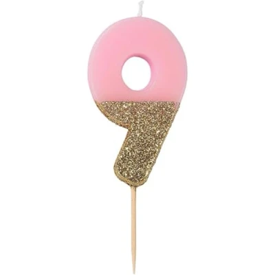 Obrázek &quot;Talking Tables Premium Qualität Rosa Zahlenkerze Nummer 9 Neun Geburtstagskerze Geburtstag Tortenaufsatz Dekoration, Wachs, Glitzer, Höhe 8 cm funkelnd schön&quot;