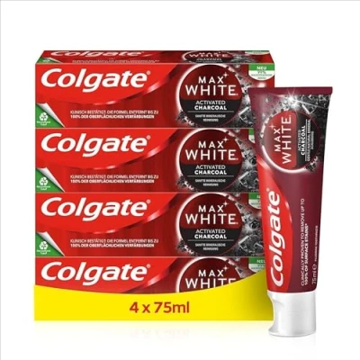 Obrázek Colgate Max White Charcoal zubní pasta 4 x 75 ml S aktivním uhlím odstraňuje až 100% povrchových zbarvení* pro bělejší zuby