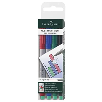 Obrázek FABER CASTELL 152404 popisovač Multimark non permanent, tloušťka S, 4dílné pouzdro, obsah vždy 1x červená, modrá, zelená, černá
