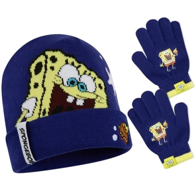 Obrázek SPONGEBOB SQUAREPANTS Chlapecká čepice Beanie a rukavice, zimní doplněk sada dárky pro děti, Námořnická modrá