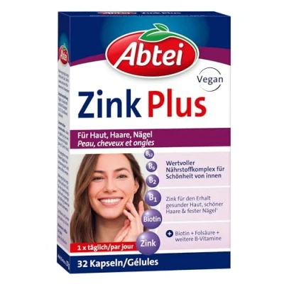 Obrázek Abtei Zinek Plus speciální kombinace živin pro zdravou pokožku, silné vlasy a pevné nehty s biotinem kyselinou listovou 1 x 32 kapslí