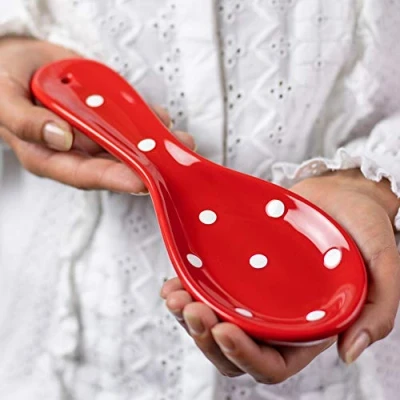 Obrázek City to Cottage® Keramik Löffelablage Rot und Weiß Polka Dots Handgemacht Geschirr Löffelhalter Küchen Zubehör