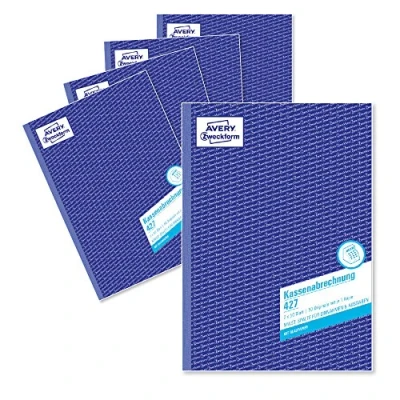 Obrázek AVERY Zweckform 4275 pokladní vyúčtování (A4, 2 x 50 listů, 1 list modrého papíru, sloupec DPH pro příjmy a výdaje, testováno právními experty, DE/AT, řádné účetnictví) balení po 5 kusech,