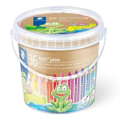 Obrázek STAEDTLER Pastelka 3v1 Noris junior barevná, voskovka a akvarelová tužka, extra odolná proti zlomení, ideální pro děti, na mnoho povrchů, balení s 36 barvami vč. 3 ořezávátka, 140 C36
