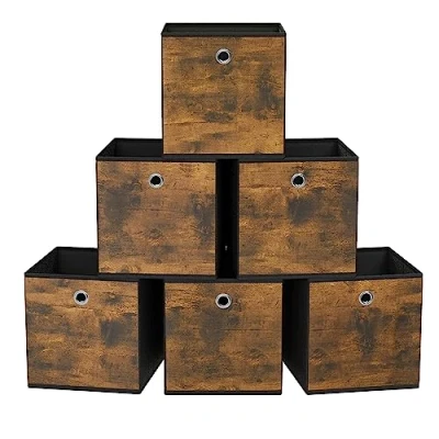 Obrázek SONGMICS Úložný box, 6dílná sada, organizéry z netkané textilie, skládací 33 x cm, látkový pro regál na kostky, organizér oblečení, vintage hnědý černý RFB133B01