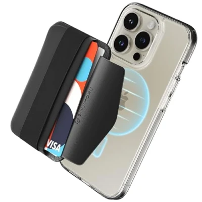Obrázek Sinjimoru Magnetický držák na karty s elastickým držákem prstů, pouzdro mobilní telefon měkkým páskem kompatibilní MagSafe Wallet pro iPhone 16, 15, 14, 13 a 12 řad. M Band černý