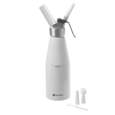 Obrázek HENDI Sahnespender, Inklusive Set aus 3 Polypropylen Spritztüllen und Reinigungsbürste, Sahne Mousses Desserts kalten Schäumen, 0,95L, ø95x(H) 320mm, Aluminium, Weiß