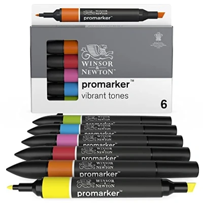 Obrázek Winsor &amp; Newton 0290110 ProMarker, profesionální layoutmarker 2 hroty, jemné a široké pro kreslení, design rozvržení sada 6 barev živé tóny