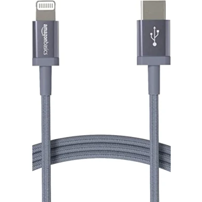 Obrázek Amazon Basics USB C na Lightning, pletený nylon, nabíjecí kabel certifikovaný MFi pro iPhone 13/12/11/X/XS/XR/8, tmavě šedá, 1,8 m, kompatibilní s chytrým telefonem
