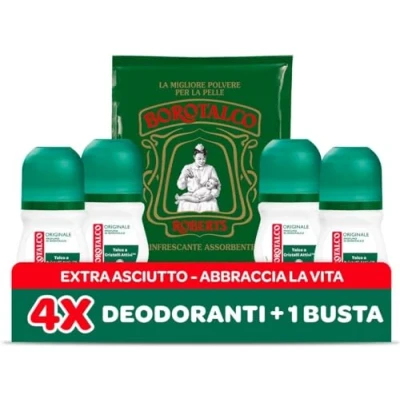Obrázek Borotalco, Originální Deo Roll On s mastkem aktivními krystaly, trojitá ochrana proti suchu, bez alkoholu, vůně Borotalco 4 kusy à 50 ml