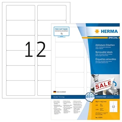 Obrázek HERMA 10304 univerzální odlepitelné etikety, 100 listů, 88,9 x 46,6 mm, 12 na arch A4, 1200 kusů, samolepicí, s možností potisku, matné, prázdné papírové lepicí bílé
