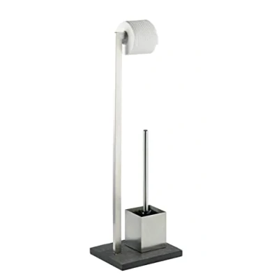 Obrázek WENKO Stand WC souprava Slate Rock, stojan na toaletní papír a štětku, držák ve vzhledu břidlice, stojící rolí vč. kartáče, nerezová ocel, antracitová barva